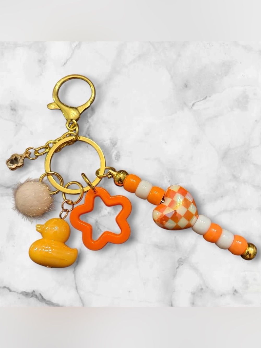 Playful Orange Heart & Duck Keychain with Pom and Beads